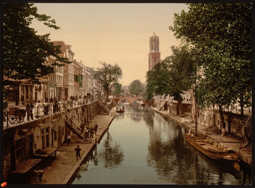Kleurenfoto’s  van Utrecht eind 19e eeuw: een kale Dom en een Oudegracht zonder reclame