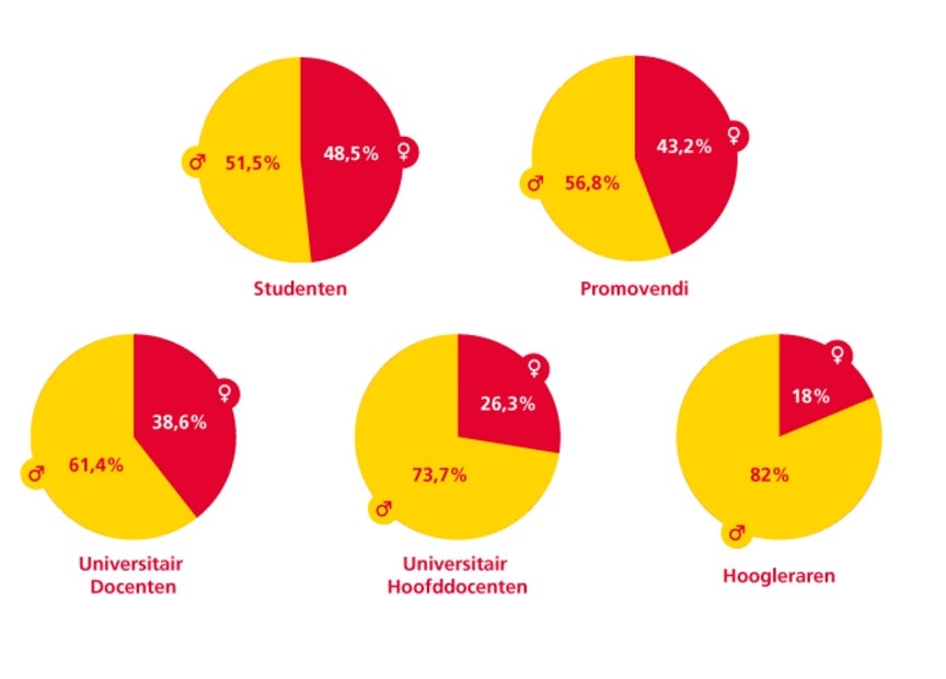 Rood is het percentage vrouwen, geel het percentage mannen. Bron: Universiteit Utrecht.