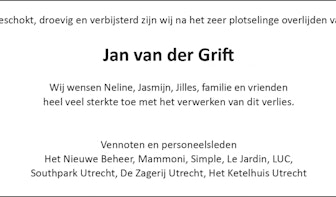 Kennisgeving van overlijden Jan van der Grift