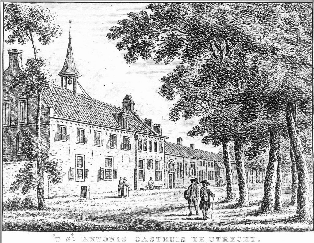 Gezicht op de zij- en voorgevel van het St.-Anthoniegasthuis buiten de Weerdpoort te Utrecht. Bulthuis, J., tekenaar 1788 (foto Utrechts Archief)