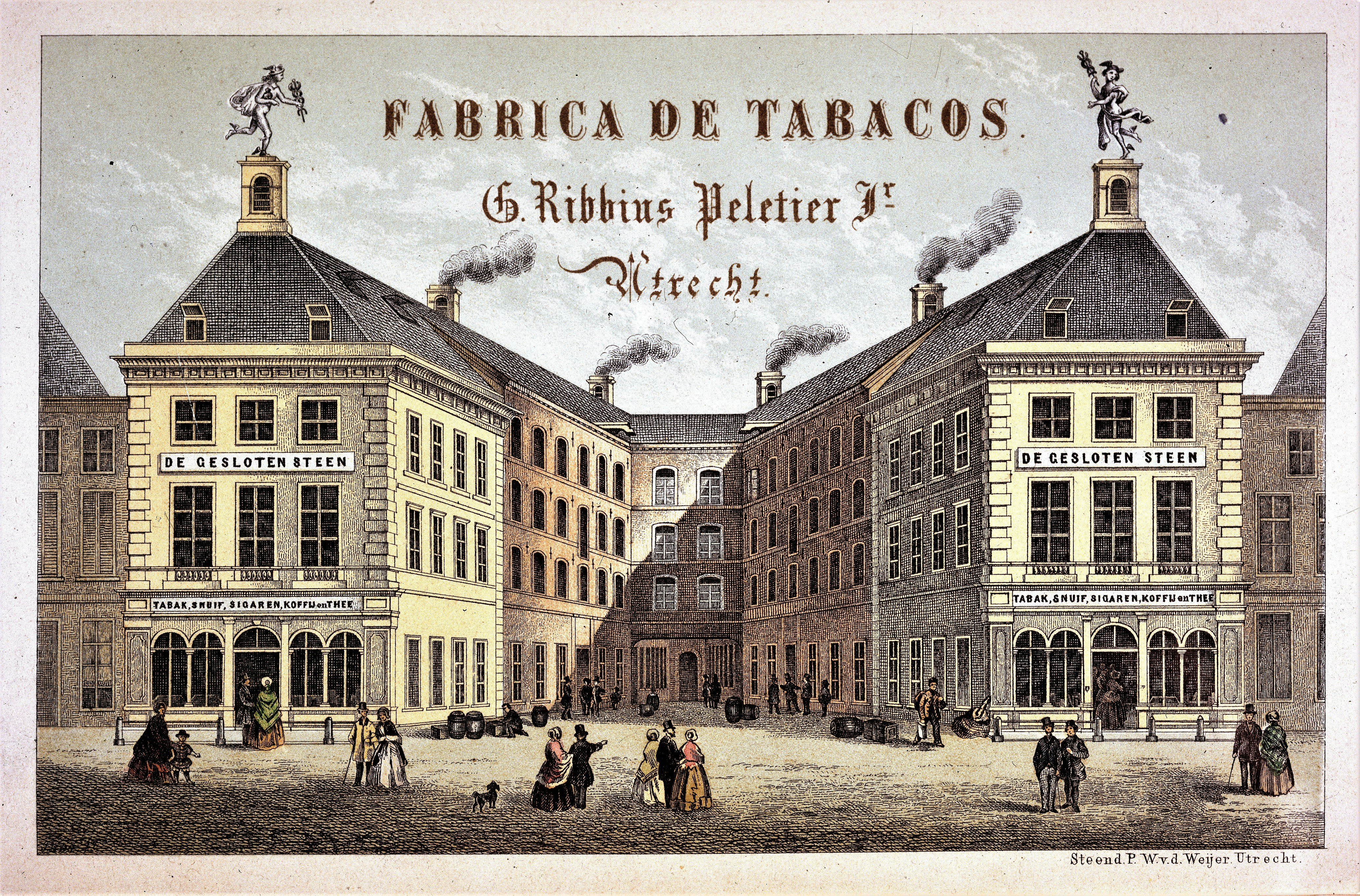 Afbeelding van Tabak- en Sigarenfabriek Ribbius Peletier, gevestigd in het gebouw De Gesloten Steen (Het Utrechts Archief)