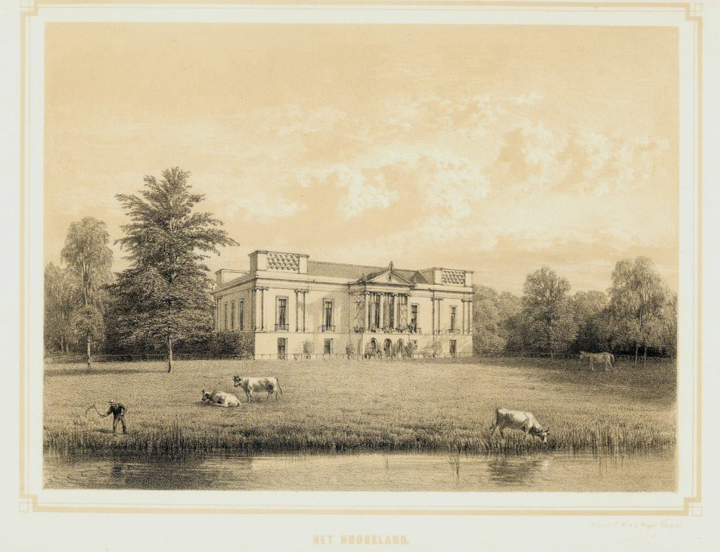 Afbeelding van het landgoed Hogeland gezien vanaf de Biltstraat omstreeks 1850. Tekenaar A. Wouters en P. W. de Weijer, graficus. (foto Het Utrechts Archief)