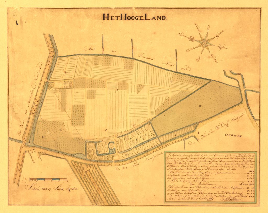 Kaart van het Hoogeland, in het midden de buitenplaats Bleyenburg. Sporen van een gracht om een toren zijn zichtbaar, maar de grond is hier beplant. Kaart vervaardigd door G. Praalder in 1767. (foto Het Utrechts Archief)