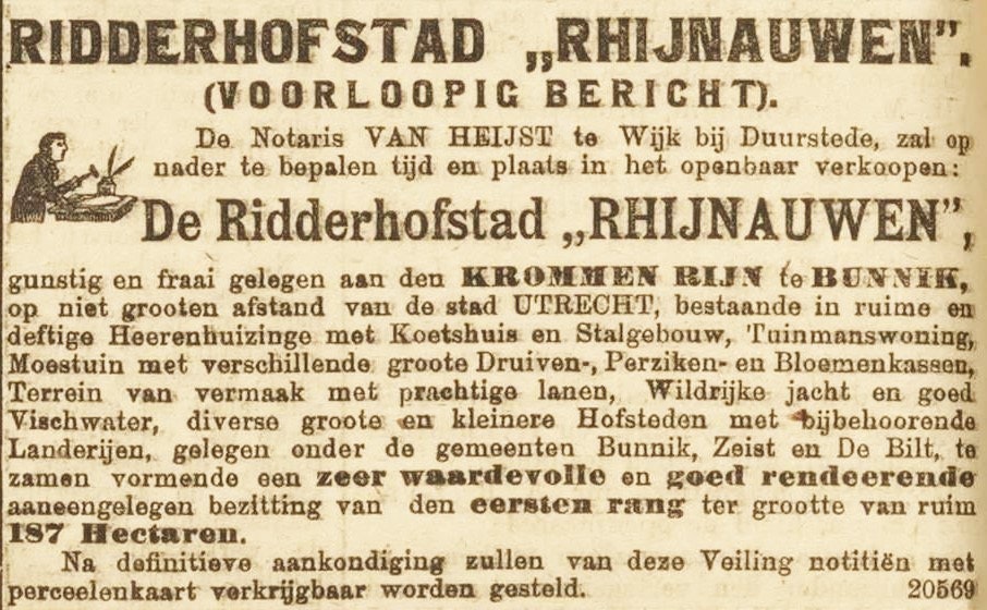 Rhijnauwen te koop aangeboden in 1919 advertentie in de Nieuwe Courant 20 september 1919