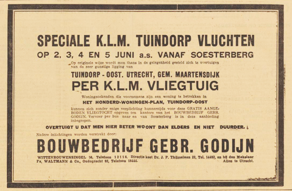 Advertentie voor KLM rondvluchten boven Tuindorp