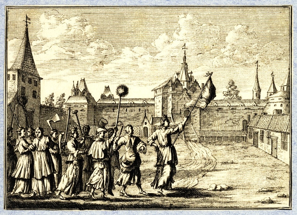 Anonieme prent uit de 17e eeuw, die een fantasiebeeld geeft van Trijn en haar metgezellen in 1577