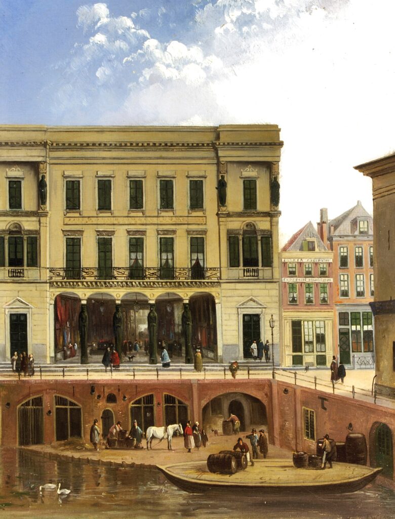 Kleurenfotoreproductie naar een schilderij van Augustus Wijnands uit ca. 1840 met afgebeeld de kariatiden op de gevel van de Winkel van Sinkel