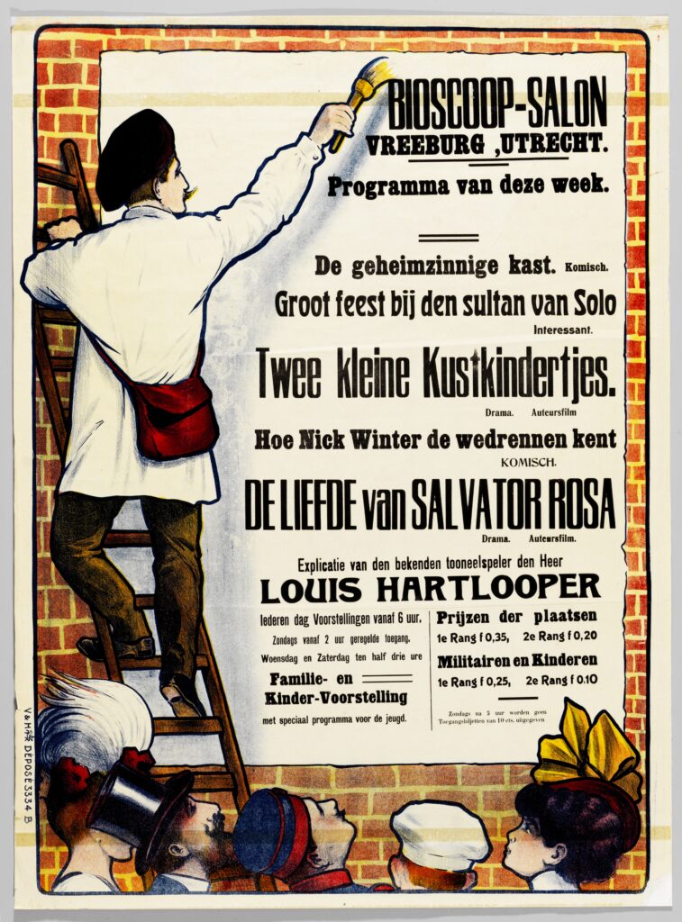 Affiche voor Bioscoop-Salon Vredenburg uit 1911 met prominent de naam van explicateur Louis Hartlooper. (Foto Het Utrechts Archief, catalogusnummer 700049)